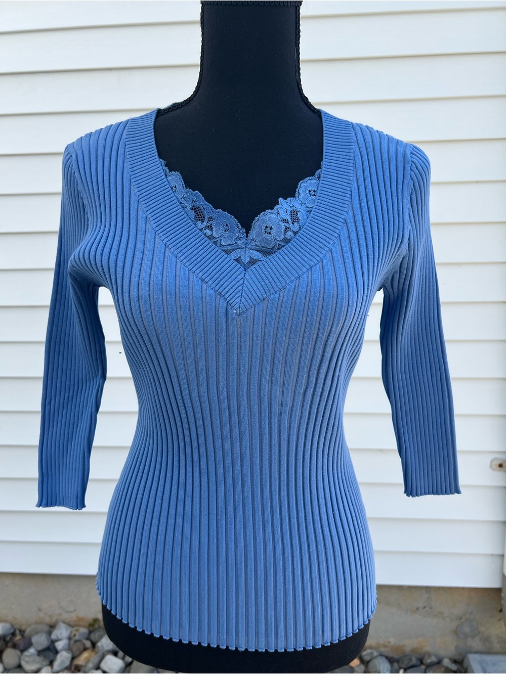 August Silk Blue Ribbed V‑Neck Sweater with Lace Trim